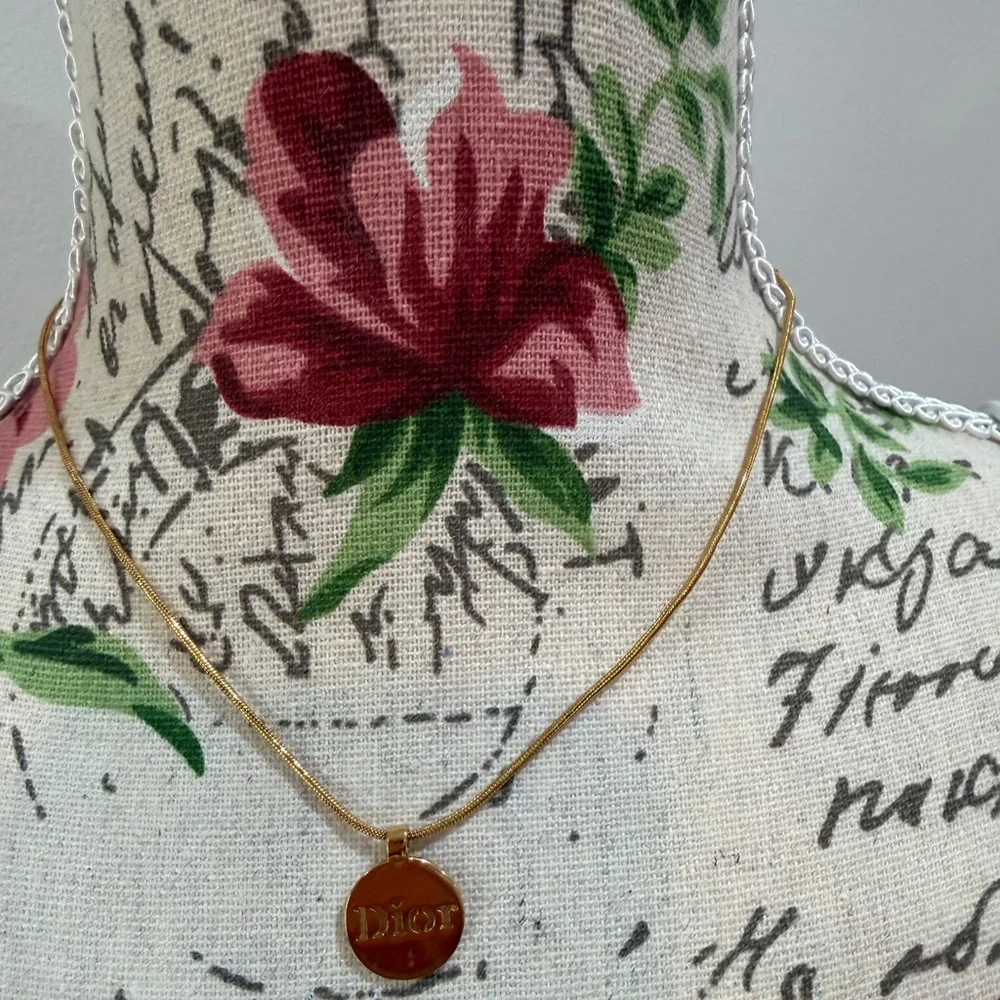 Dior Gold Tone Round Logo Pendant Necklace - Picture 3 of 7